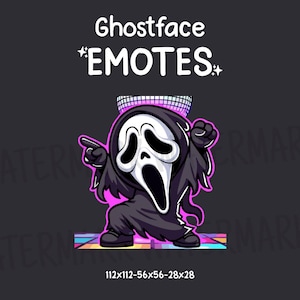 May include: A cartoon illustration of Ghostface, the character from the Scream movies, in a dancing pose. The character is wearing a disco ball hat and is on a colorful dance floor. The text "Ghostface EMOTES" is above the character.