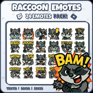 Raccoon Twitch Emotes – 24 Funny Cartoon Racoon Emotes for Streamers, VTubers, Discord – PNG Digital Download
