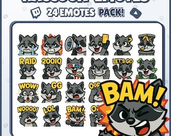 Raccoon Twitch Emotes – 24 Funny Cartoon Racoon Emotes for Streamers, VTubers, Discord – PNG Digital Download