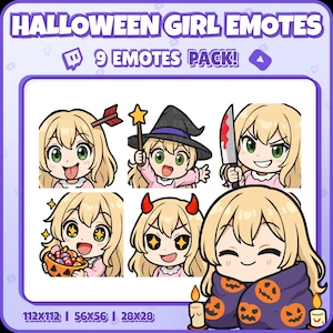 May include: A digital graphic featuring nine Halloween-themed girl emotes. The emotes depict a blonde-haired girl in various costumes and poses, including a witch, a devil, and one holding a bloody knife. Text reads "HALLOWEEN GIRL EMOTES" and "9 EMOTES PACK!"