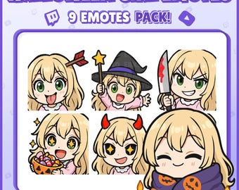 Halloween Girl Emotes – 9 Cute Chibi Twitch & Discord PNG Emotes for Streamers – Witch, Candy, Devil, Knife, More