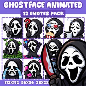 May include: A collection of 12 animated Ghostface emotes. Each emote features the iconic Ghostface mask in various expressions, including holding a gun, wearing 3D glasses, and holding a bloody knife. The text "GHOSTFACE ANIMATED" and "12 EMOTES PACK" are at the top.