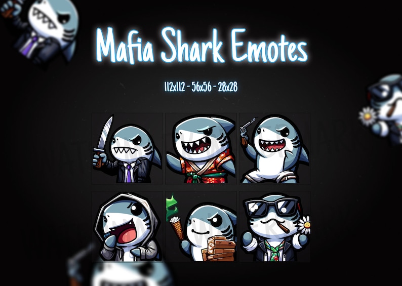 Puede incluir: Un conjunto de seis emoticonos digitales que presentan un tibur&oacute;n de dibujos animados en diferentes poses y atuendos. El tibur&oacute;n lleva un traje, un kimono, un traje de ba&ntilde;o, una sudadera con capucha, un gorro de cocinero y gafas de sol. Los emoticonos est&aacute;n en un formato de cuadr&iacute;cula y est&aacute;n etiquetados como "Mafia Shark Emotes".