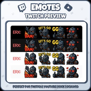 Puede incluir: Una vista previa digital de emotes de Twitch con un caballero con armadura negra. Los emotes incluyen variaciones con el texto "BAM!", "Let's Go GG", un pulgar hacia arriba y corazones para los ojos. La imagen tambi&eacute;n incluye el texto "EMOTES TWITCH PREVIEW".