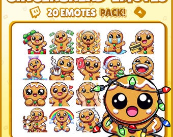 Pakiet piernikowych emotikonów Twitch – 20 uroczych świątecznych emotikonów dla streamerów | Kawaii PNG na Discord, YouTube i Kick | Natychmiastowe pobieranie