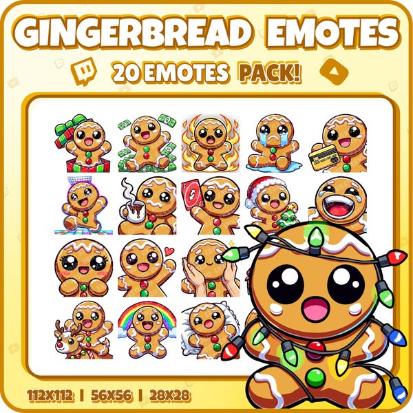 Gingerbread Twitch Emotes Pack – 20 Cute Christmas Emotes for Streamers | Kawaii PNGs for Discord, YouTube, Kick | Instant Download
