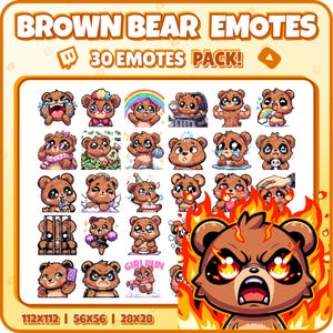 Emotki Twitch Brown Bear – 30 uroczych zabawnych emotikonów dla streamerów | PNG dla Discord, Kick | Natychmiastowe pobieranie