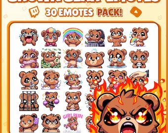 Brown Bear Twitch Emotes – 30 Cute Funny Emotes Pack for Streamers | PNGs for Discord, Kick | Instant Download