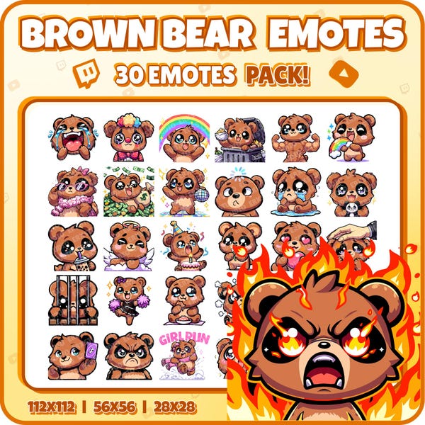 Emotki Twitch Brown Bear – 30 uroczych zabawnych emotikonów dla streamerów | PNG dla Discord, Kick | Natychmiastowe pobieranie