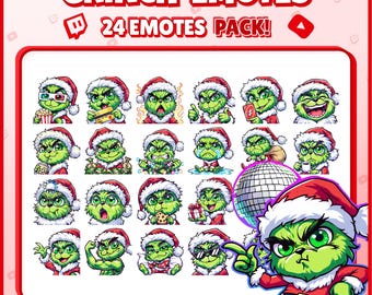 Könnte beinhalten: Eine Sammlung von 24 Grinch-Emotes, die jeweils den Grinch in verschiedenen Ausdrücken und Posen mit Weihnachtsmütze zeigen. Der Text "GRINCH EMOTES" und "24 EMOTES PACK!" sind rot. Das Bild enthält Größenangaben.