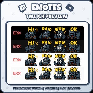 Puede incluir: Una vista previa digital de emotes de Twitch con un personaje de caballero. Los emotes incluyen "Hi", "Raid", "Wow" y "Ok" con varias expresiones. El texto "Emotes Twitch Preview" est&aacute; en la parte superior, con "Perfect for Twitch | YouTube | Kick | Discord" en la parte inferior.