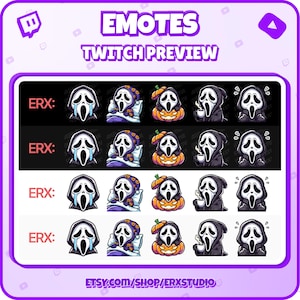 Puede incluir: Un conjunto de 20 emotes de Twitch que presentan a un personaje de dibujos animados con una m&aacute;scara de Ghostface. Los emotes representan al personaje en varias poses, incluyendo dormir, tomar caf&eacute; y sostener una calabaza. Los emotes est&aacute;n dise&ntilde;ados en un estilo de dibujos animados con colores brillantes y contornos audaces. El texto "ERX: " aparece en la parte superior de cada fila de emotes.