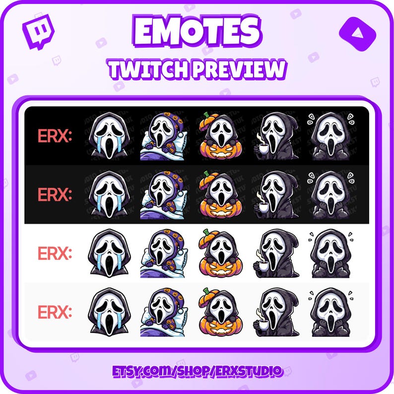 Puede incluir: Un conjunto de 20 emotes de Twitch que presentan a un personaje de dibujos animados con una m&aacute;scara de Ghostface. Los emotes representan al personaje en varias poses, incluyendo dormir, tomar caf&eacute; y sostener una calabaza. Los emotes est&aacute;n dise&ntilde;ados en un estilo de dibujos animados con colores brillantes y contornos audaces. El texto "ERX: " aparece en la parte superior de cada fila de emotes.