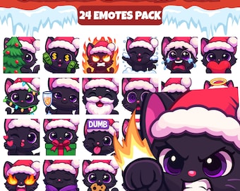 Puede incluir: Una colección de 24 emotes de Santa Black Cat. Cada personaje de gato negro lleva un gorro de Papá Noel y muestra varias expresiones, como sostener dinero, llorar y guiñar un ojo. La imagen incluye el texto "SANTA BLACK CAT" y "24 EMOTES PACK".