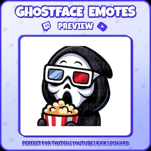 May include: A digital graphic of the Ghostface character wearing 3D glasses and holding a popcorn bucket. The image includes the text "GHOSTFACE EMOTES PREVIEW". The popcorn bucket has red and white stripes.