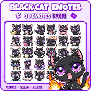 黒猫Twitchエモート – ストリーマー向け、かわいい猫エモート30選パック | Discord、Kick用PNG | すぐにダウンロード
