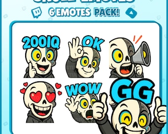 Skull Twitch Emotes – 6 Funny Cyber Skull Emotes for Streamers, Discord, VTubers – PNG Digital Download Pack