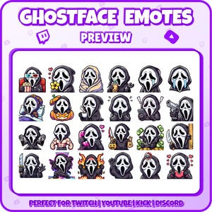 Puede incluir: Un conjunto de 24 emoticonos de personajes de Ghostface, que presentan diversas expresiones y poses. Los emoticonos son perfectos para Twitch, YouTube, Kick y Discord. Los emoticonos est&aacute;n en un formato de cuadr&iacute;cula, con cada emotic&oacute;n en un cuadrado. Los emoticonos est&aacute;n todos en un estilo de dibujos animados, con colores brillantes y contornos en negrita.