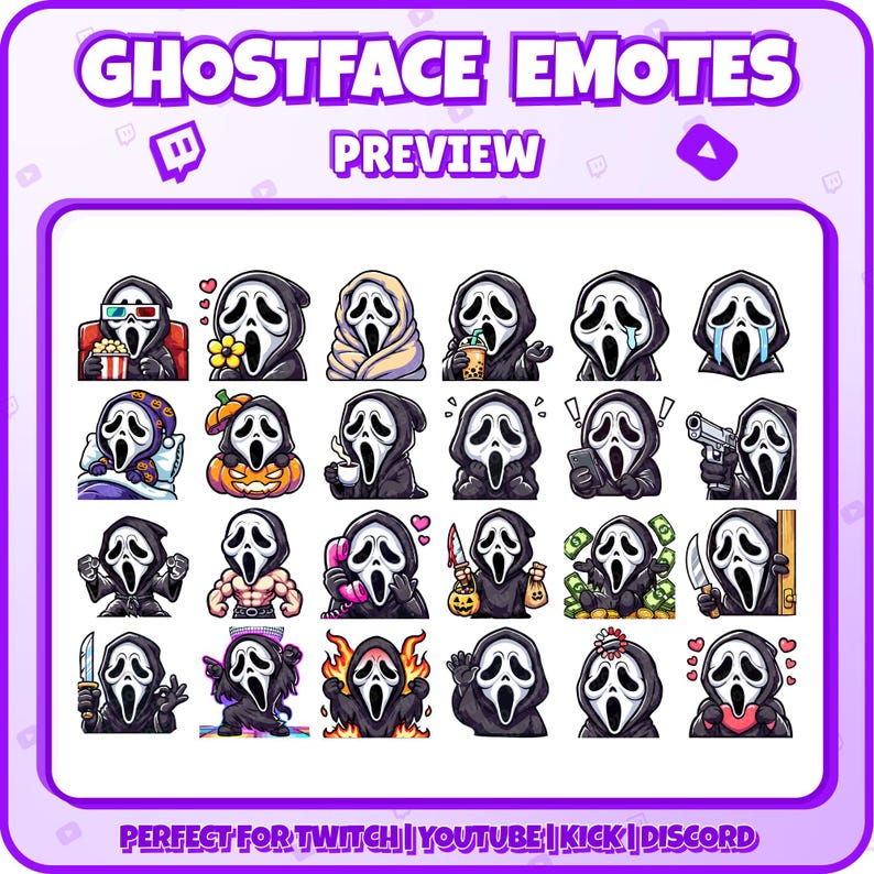 Puede incluir: Un conjunto de 24 emoticonos de personajes de Ghostface, que presentan diversas expresiones y poses. Los emoticonos son perfectos para Twitch, YouTube, Kick y Discord. Los emoticonos est&aacute;n en un formato de cuadr&iacute;cula, con cada emotic&oacute;n en un cuadrado. Los emoticonos est&aacute;n todos en un estilo de dibujos animados, con colores brillantes y contornos en negrita.