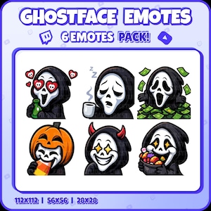 Ghostface Twitch Emotes – 6 Funny Horror Emotes Pack for Streamers | PNGs for Discord, Kick | Instant Download
