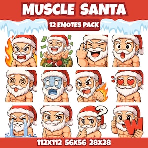 Puede incluir: Una colección de doce emoticonos de dibujos animados que representan a un Papá Noel musculoso con diversas expresiones. Papá Noel se representa con barba blanca, gorro rojo y torso desnudo. La imagen incluye el texto "MUSCLE SANTA" y dimensiones.