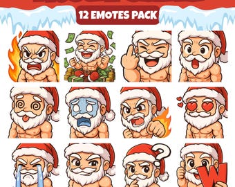 Muscle Santa Twitch Emotes – 12 wzmocnień, zabawne reakcje świąteczne | PNG dla Discorda, Kick | Pobierz natychmiast