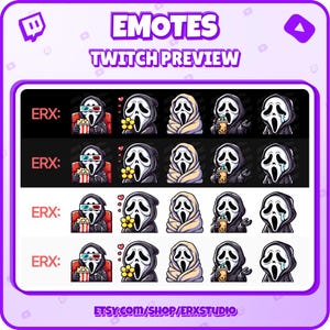 Puede incluir: Un conjunto de 20 emotes de Twitch que presentan un personaje de dibujos animados con una m&aacute;scara de Ghostface. Los emotes est&aacute;n dispuestos en cuatro filas de cinco, con cada fila mostrando una expresi&oacute;n diferente. Los emotes son de varios colores, incluyendo negro, blanco, rojo, amarillo y azul. El texto "ERX: " se muestra en la esquina superior izquierda de cada fila. El texto "EMOTES" se muestra en la parte superior central de la imagen. El texto "TWITCH PREVIEW" se muestra debajo de "EMOTES". El texto "ETSY.COM/SHOP/ERXSTUDIO" se muestra en la parte inferior central de la imagen.