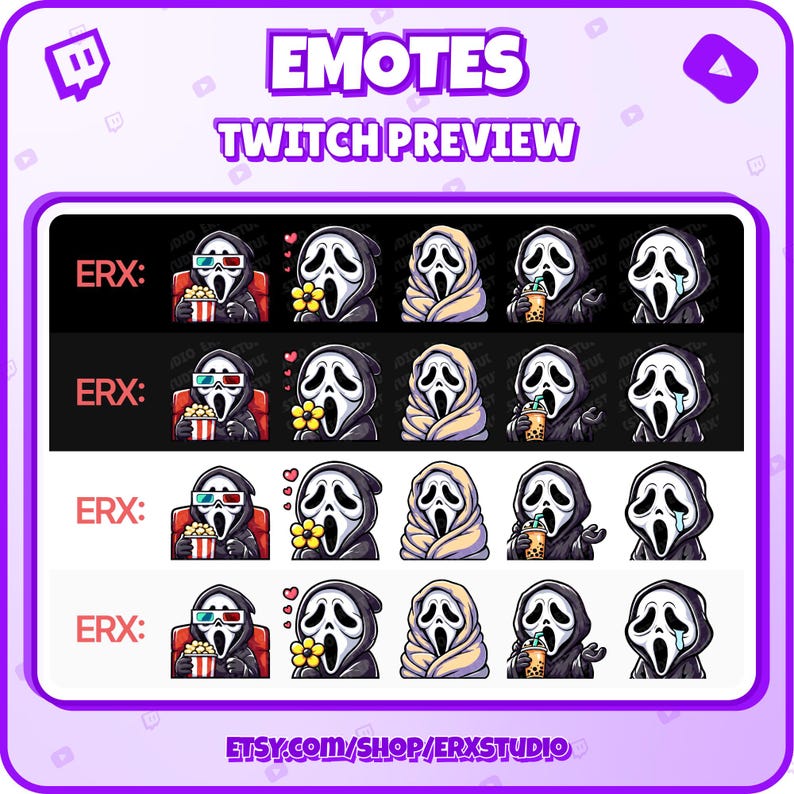 Puede incluir: Un conjunto de 20 emotes de Twitch que presentan un personaje de dibujos animados con una m&aacute;scara de Ghostface. Los emotes est&aacute;n dispuestos en cuatro filas de cinco, con cada fila mostrando una expresi&oacute;n diferente. Los emotes son de varios colores, incluyendo negro, blanco, rojo, amarillo y azul. El texto "ERX: " se muestra en la esquina superior izquierda de cada fila. El texto "EMOTES" se muestra en la parte superior central de la imagen. El texto "TWITCH PREVIEW" se muestra debajo de "EMOTES". El texto "ETSY.COM/SHOP/ERXSTUDIO" se muestra en la parte inferior central de la imagen.