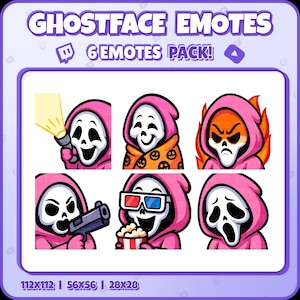 May include: A digital graphic featuring six Ghostface emotes in pink hooded robes. The emotes display various expressions and props, including a flashlight, a blanket, flames, a gun, 3D glasses with popcorn, and a sad face. Text reads "GHOSTFACE EMOTES" and "6 EMOTES PACK!"