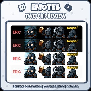 Puede incluir: Una vista previa digital de emotes de Twitch con un caballero en varias poses. Los emotes incluyen al caballero con el pulgar hacia arriba, sosteniendo una jarra de cerveza, mirando a trav&eacute;s de una lupa y exclamando "Noooo!". El texto incluye "EMOTES TWITCH PREVIEW" y "ERX:"