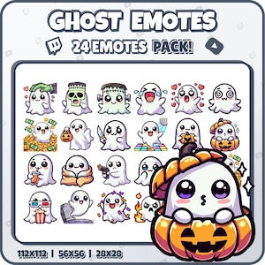 Cute Ghost Twitch Emotes – 24 Halloween Emote Pack for Streamers | PNGs for Discord, Kick | Instant Download