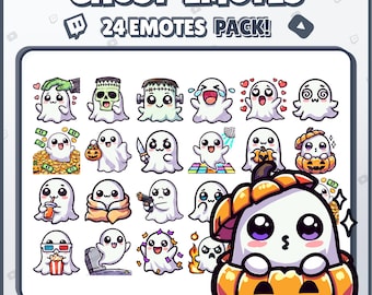 Cute Ghost Twitch Emotes – 24 Halloween Emote Pack for Streamers | PNGs for Discord, Kick | Instant Download