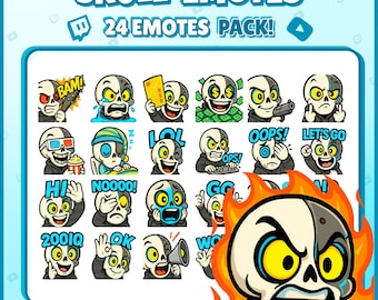 Skull Twitch Emotes – 24 Funny Cyber Skull Emotes for Streamers, Discord, VTubers – PNG Digital Download Pack