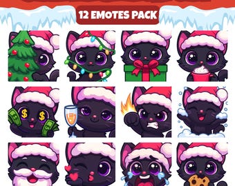 Puede incluir: Una colección de doce emoticonos de Gato Negro de Papá Noel. Cada gato negro lleva un gorro de Papá Noel y tiene diferentes expresiones, incluyendo sosteniendo un árbol de Navidad, un regalo y dinero. La imagen también incluye el texto "SANTA BLACK CAT" y "12 EMOTES PACK".
