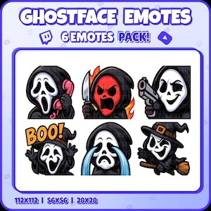 Ghostface Twitch Emotes – 6 Funny Horror Emotes Pack for Streamers | PNGs for Discord, Kick | Instant Download