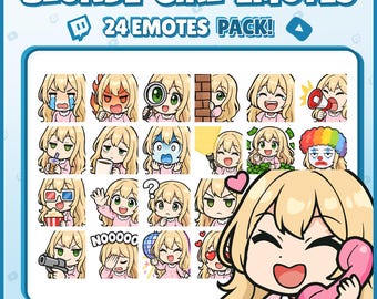 Blonde Girl Emotes – 24 Chibi Twitch & Discord Emotes – Kawaii PNG Emotes Pack for Streamers, Gamers, VTubers