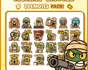 Puede incluir: Un conjunto de 24 emoticonos con temática de momias con diversas expresiones y acciones, incluyendo "LOL", "OK" y "WOW". Los emoticonos se muestran sobre un fondo amarillo con el texto "MUMMY EMOTES" y "24 EMOTES PACK!". La imagen también incluye dimensiones.