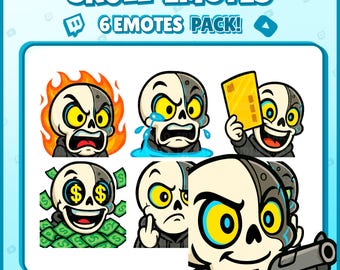 Skull Twitch Emotes – 6 Funny Cyber Skull Emotes for Streamers, Discord, VTubers – PNG Digital Download Pack