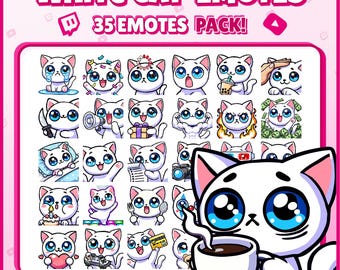 White Cat Twitch Emotes – 35 Cute PNG Emotes for Discord, YouTube, VTubers & Streamers | Kawaii Chibi Digital Download Pack