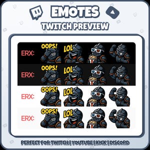Puede incluir: Vista previa de emotes de Twitch con un caballero. Los emotes muestran expresiones como "OOPS!" y "LOL", y muestran al caballero en varias acciones. El texto "EMOTES TWITCH PREVIEW" est&aacute; en la parte superior.