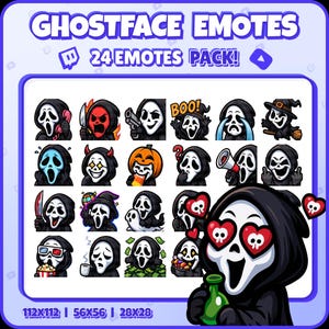 May include: A digital art pack with 24 Ghostface emotes. The emotes depict the Scream mask with different expressions and props, such as a knife, gun, and heart-shaped eyes. The text "GHOSTFACE EMOTES" and "24 EMOTES PACK!" are displayed at the top of the image.