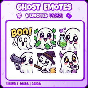 Ghost Twitch Emotes – 6 Cute and Spooky Ghost Emotes for Streamers, VTubers, Discord – Halloween PNG Digital Download