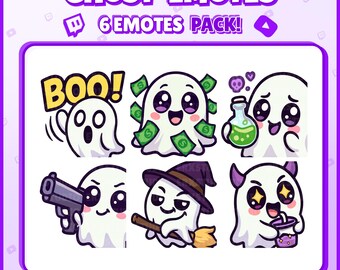 Ghost Twitch Emotes – 6 Cute and Spooky Ghost Emotes for Streamers, VTubers, Discord – Halloween PNG Digital Download