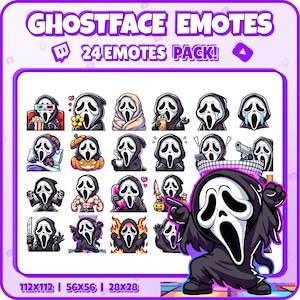 Ghostface Twitch Emotes – 24 Funny Horror Emotes Pack for Streamers | PNGs for Discord, Kick | Instant Download