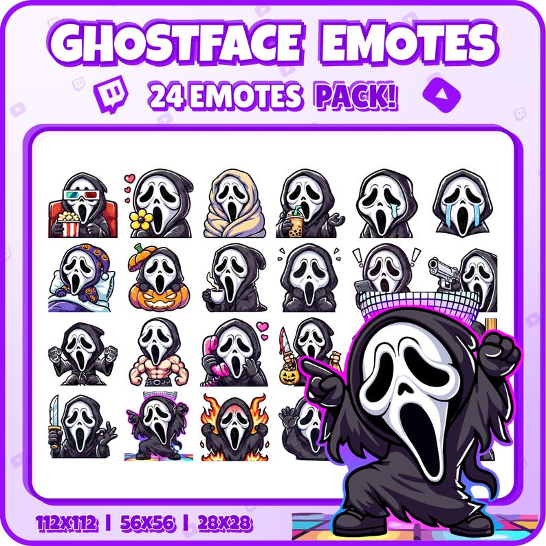 Puede incluir: Un conjunto de 24 emoticonos de personajes de Ghostface para Twitch. Los emoticonos est&aacute;n en varias poses y expresiones, incluyendo un Ghostface sosteniendo una calabaza, un Ghostface sosteniendo un tel&eacute;fono y un Ghostface sosteniendo un cuchillo. Los emoticonos est&aacute;n en un formato de cuadr&iacute;cula, con el texto "24 EMOTES PACK!" en la parte superior.