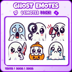 Ghost Twitch Emotes – 6 Cute and Spooky Ghost Emotes for Streamers, VTubers, Discord – Halloween PNG Digital Download
