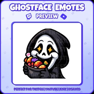 May include: A digital graphic featuring a Ghostface character holding a bowl of colorful treats. The character has a white mask with star-shaped eyes and a black hood. Text at the top reads "GHOSTFACE EMOTES PREVIEW".