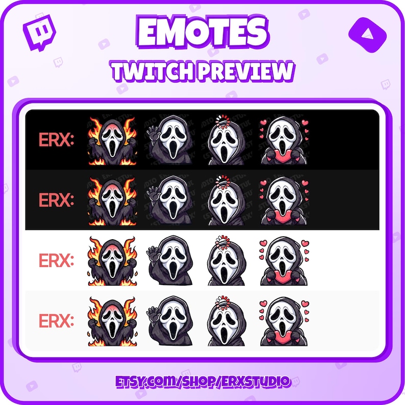 Puede incluir: Una vista previa de cuatro emojis diferentes de Twitch que presentan a un personaje con una m&aacute;scara blanca y una bufanda roja. El personaje se muestra en diferentes poses, incluyendo saludar, sostener un coraz&oacute;n y usar una corona. Los emojis est&aacute;n etiquetados como "ERX:" y est&aacute;n disponibles para comprar en Etsy.