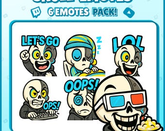 Skull Twitch Emotes – 6 Funny Cyber Skull Emotes for Streamers, Discord, VTubers – PNG Digital Download Pack