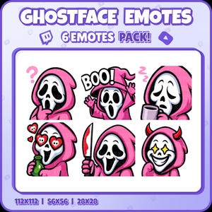 May include: A digital graphic featuring six Ghostface emoticons in pink robes. The emoticons display various expressions, including a question mark, the word "BOO!", sleeping, hearts for eyes, holding a knife, and devil horns. Text at the top reads "GHOSTFACE EMOTES" and "6 EMOTES PACK!"